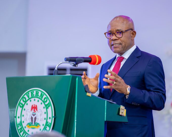 Governor Peter Mbah congratulates Prof. Victor Nnam in Enugu